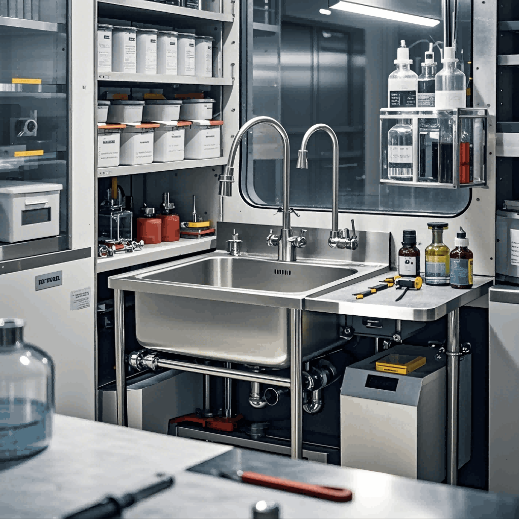 Stainless steel kitchen sink in medical workstation