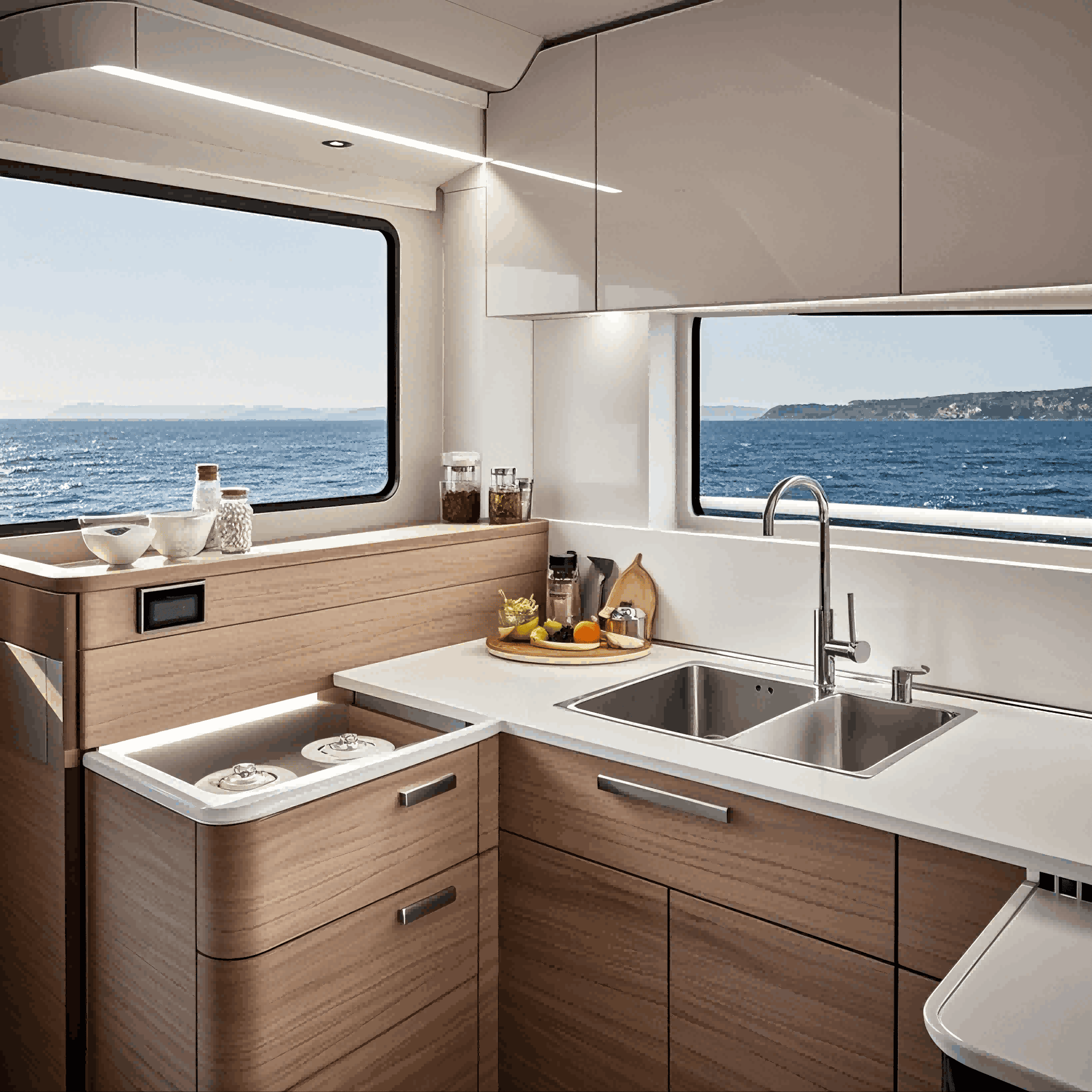 Stainless steel kitchen sink in yacht